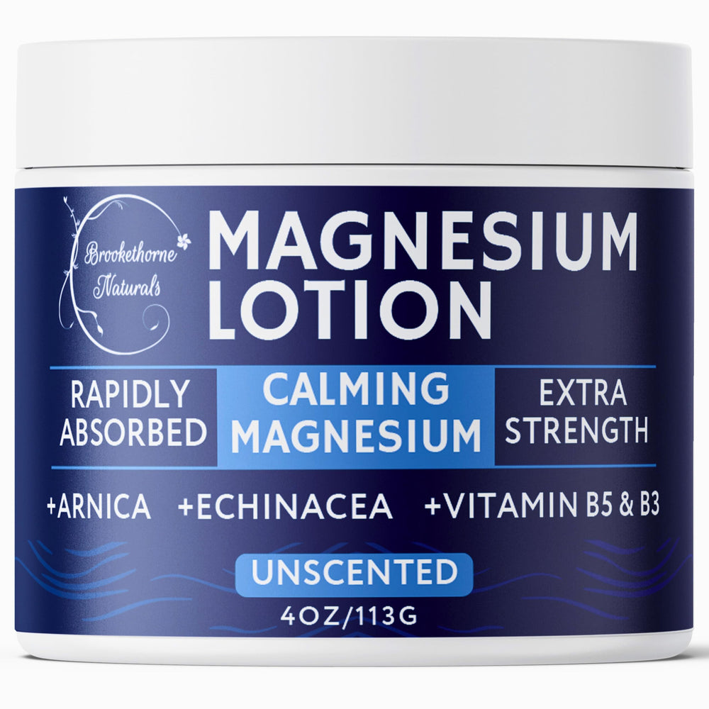 Brookethorne Naturals Calming Magnesium Lotion bottle highlights fragrance-free formula for sensitive skin.