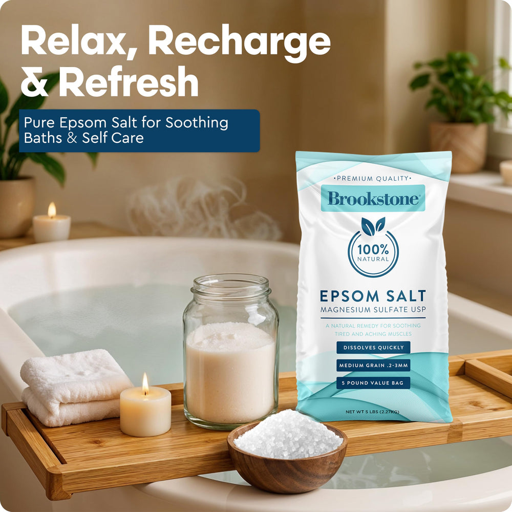 Brookstone Epsom salt dissolving in tub for a soothing bath experience.