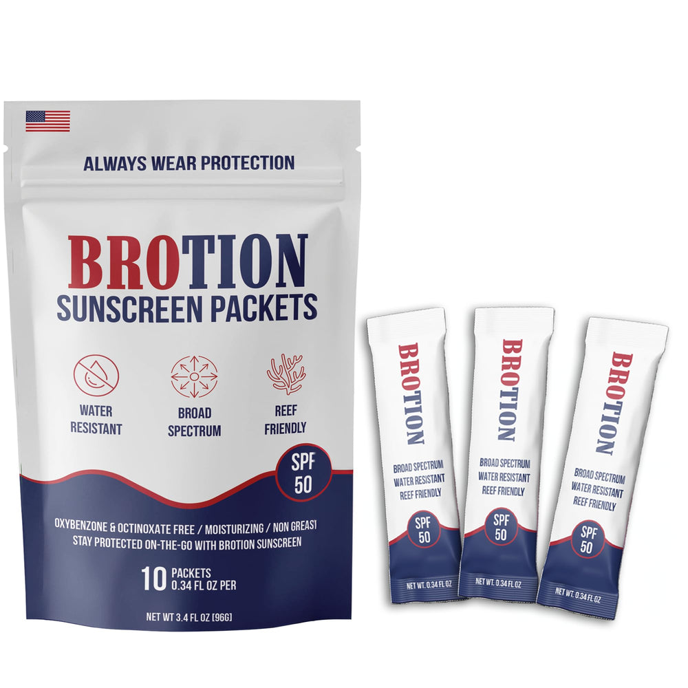 Brotion broad-spectrum SPF 50 travel-size packets for mess-free on-the-go protection.