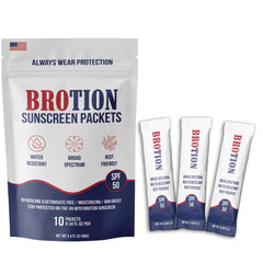 Brotion broad-spectrum SPF 50 travel-size packets for mess-free on-the-go protection.