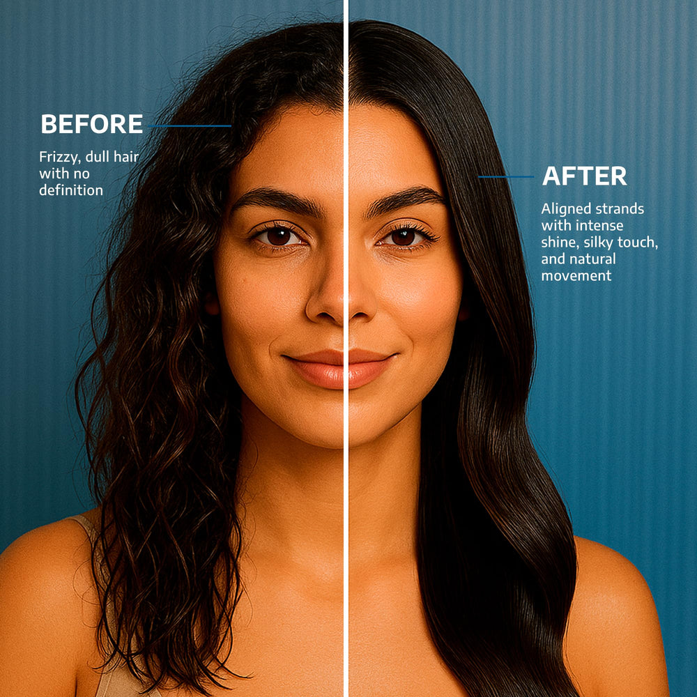 Brscience FusionFrizz OrganicPlastia shiny-hair closeup shows luminous gloss