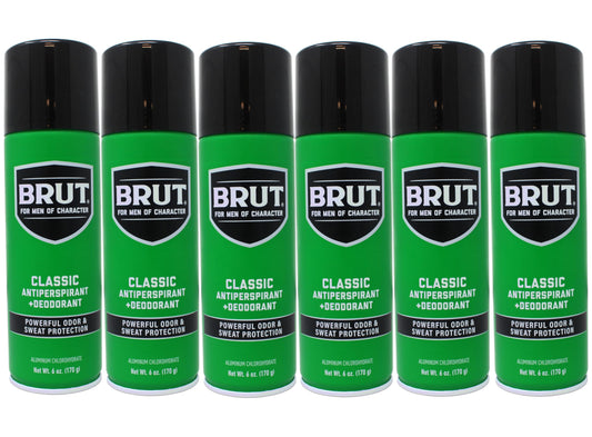 Brut deodorant aerosol bottle shows classic scent for all-day freshness.