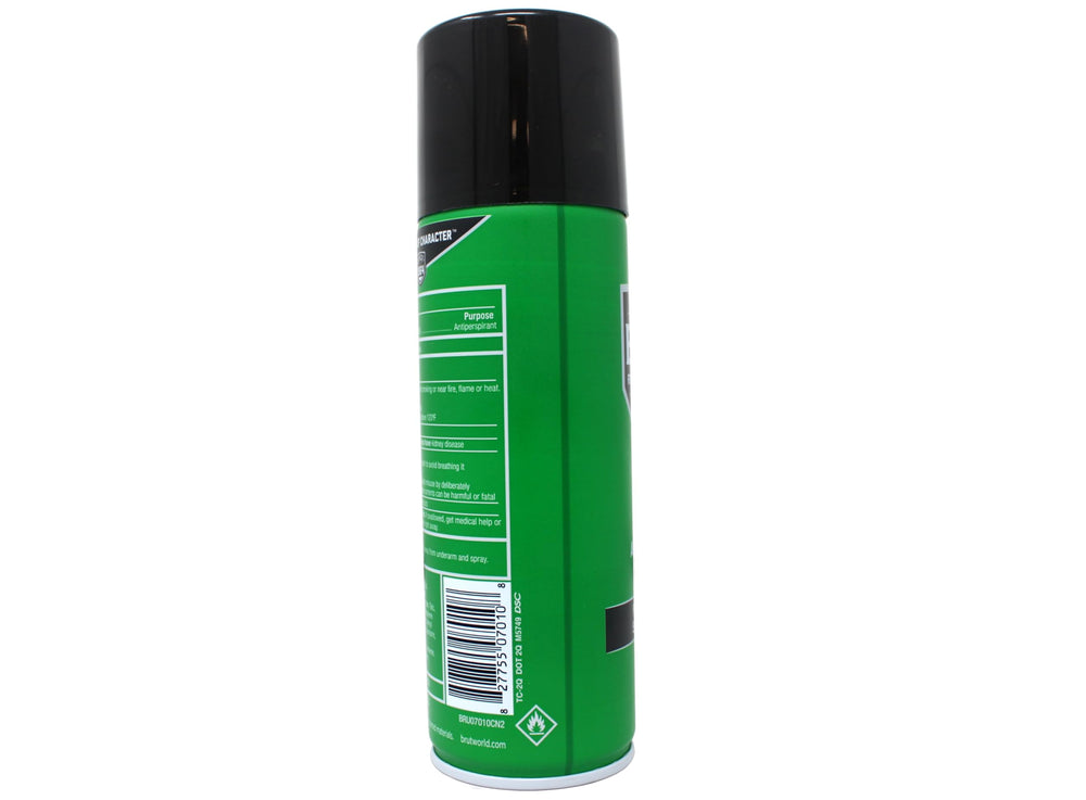 Brut aerosol canister closeup highlights protective cap and reliable 6oz size.