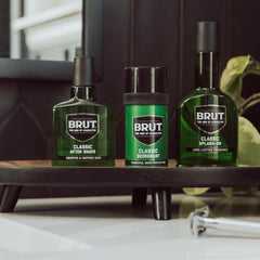 BRUT original fragrance packaging detail emphasizing compact dimensions.