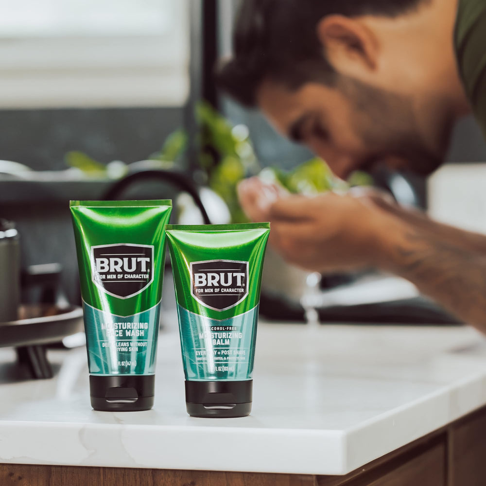 Brut Moisturizing Balm fits post-shave routine for soothing comfort.