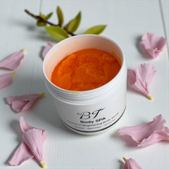 Close-up of BT Body Spa scrub texture showing gentle exfoliation.
