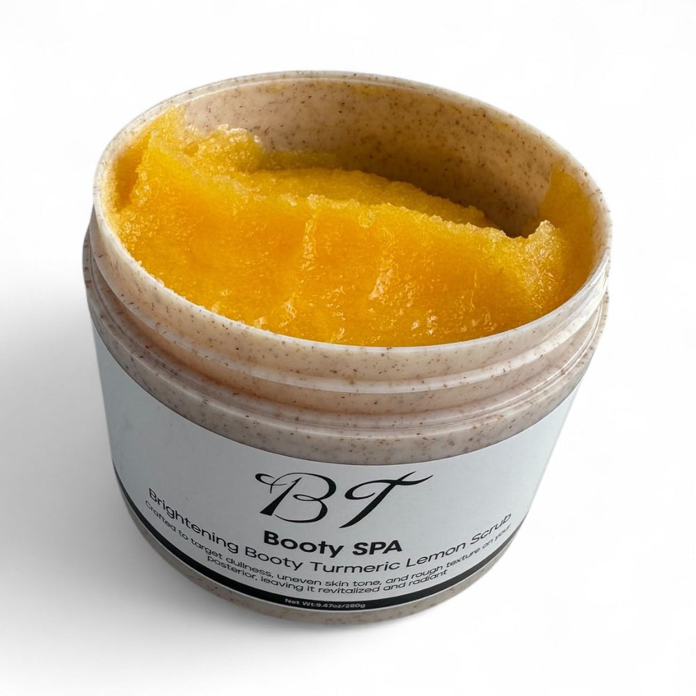 BT Booty Spa Scrub label detailing lemon-turmeric blend for uneven tone targeting.