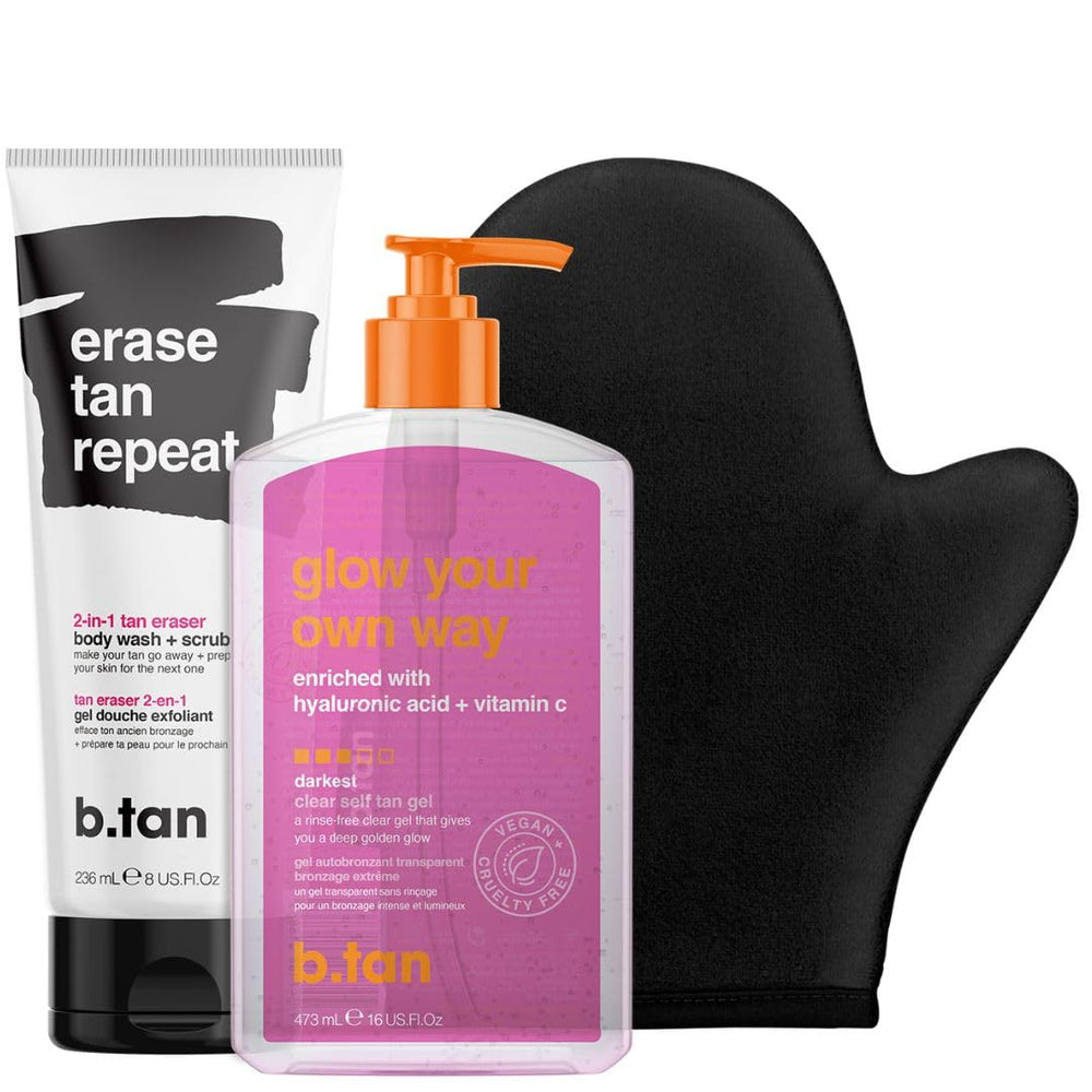B.TAN Clear Self Tanning Gel bottle showcasing a transfer-resistant glow.