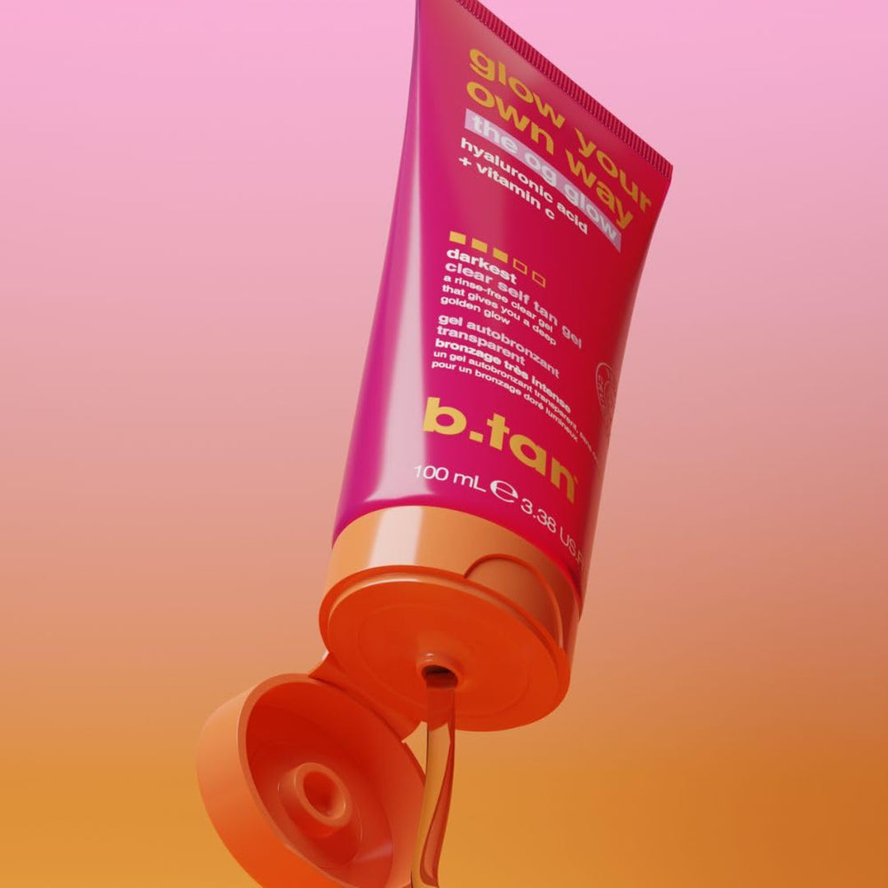 B.TAN Gradual Face Mist shot suggests luminous head-to-toe bronze.