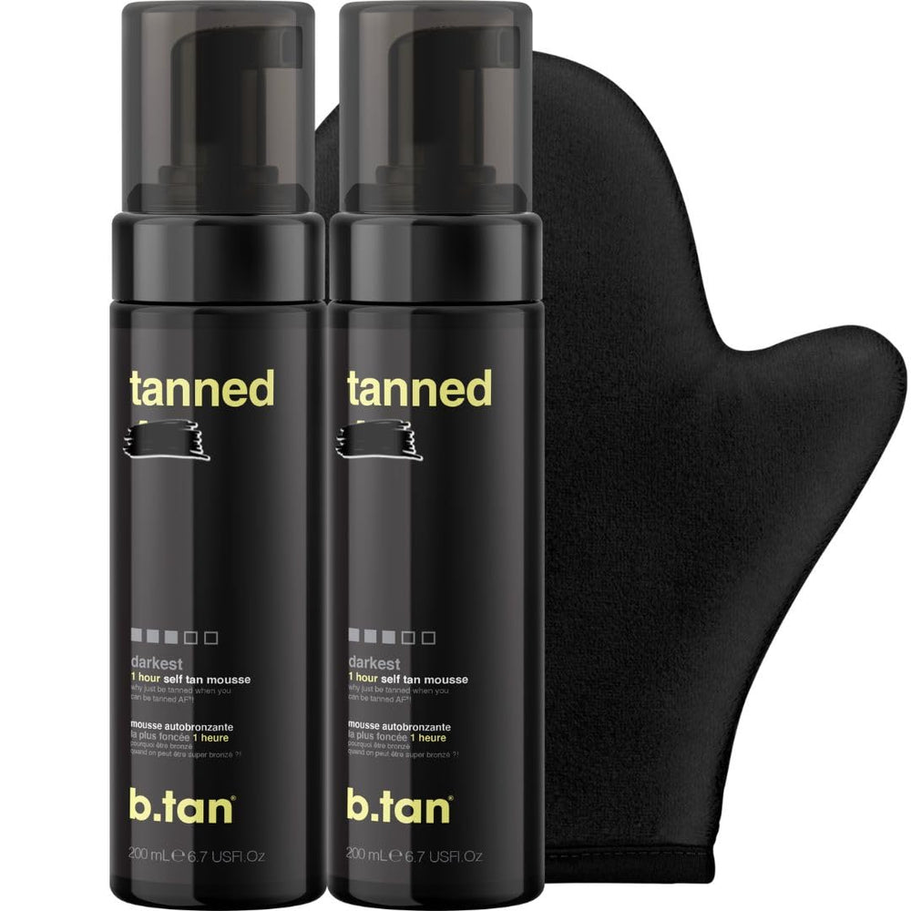 B.TAN sunless tanning mousse two-pack bottles offer deep color development for body and face.