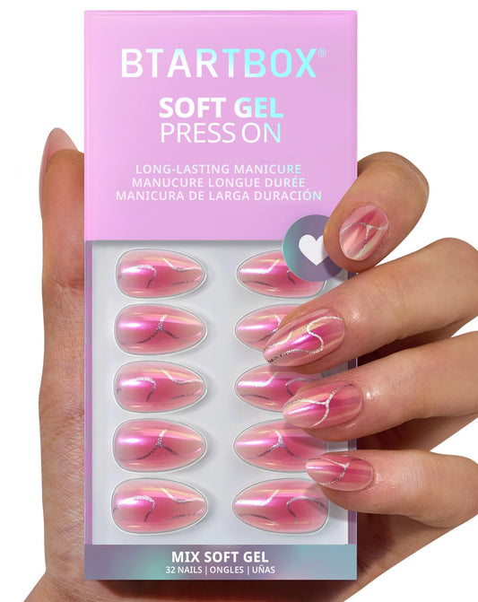 BTArtbox almond neon gradient pink chrome nails on hand for bold style