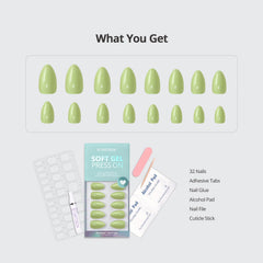 BTArtbox Almond pastel-green nails kit includes wooden stick for prep.