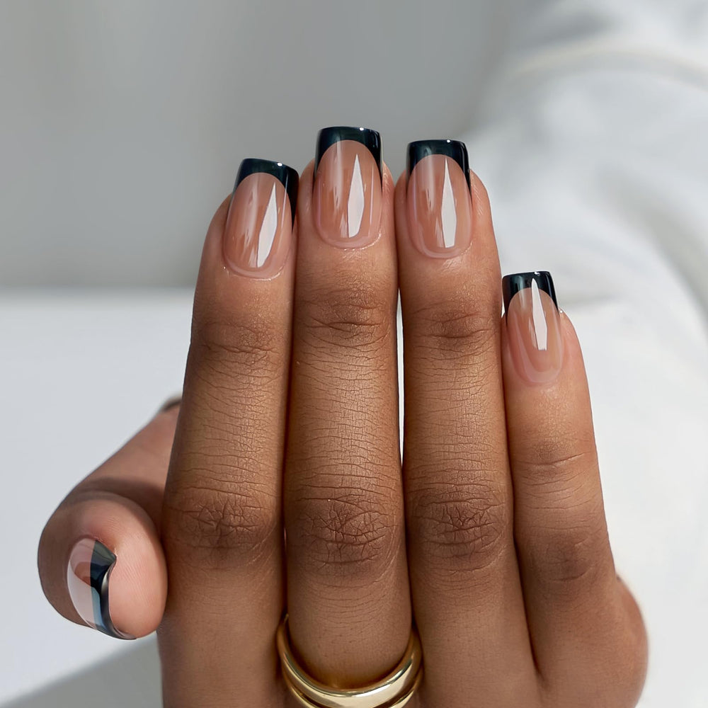 BTArtbox Braveheart nails with black chrome French tips for a bold salon-style look.