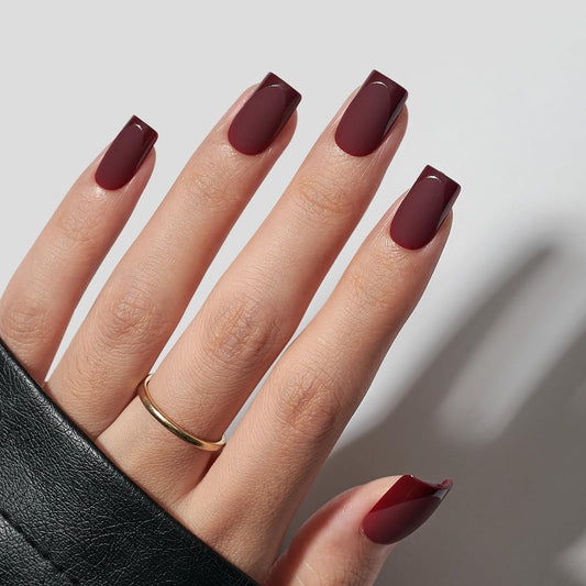 BTArtbox Cozy Cocoa dark red nails with glossy French tips for elegant manicure