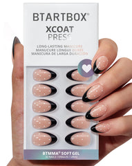 BTArtbox Dot Couture almond nails with black French tip, natural-looking finish for everyday wear.