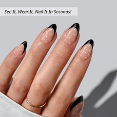 BTArtbox Dot Couture press-on nails demonstration of quick at-home application steps.