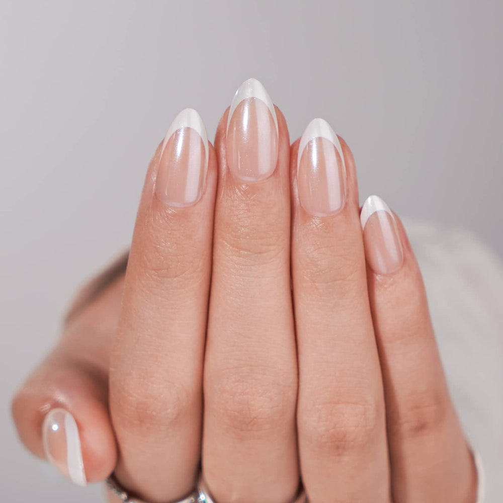 BTArtbox French Tip press-on nails in white almond medium, salon-like at-home manicure.