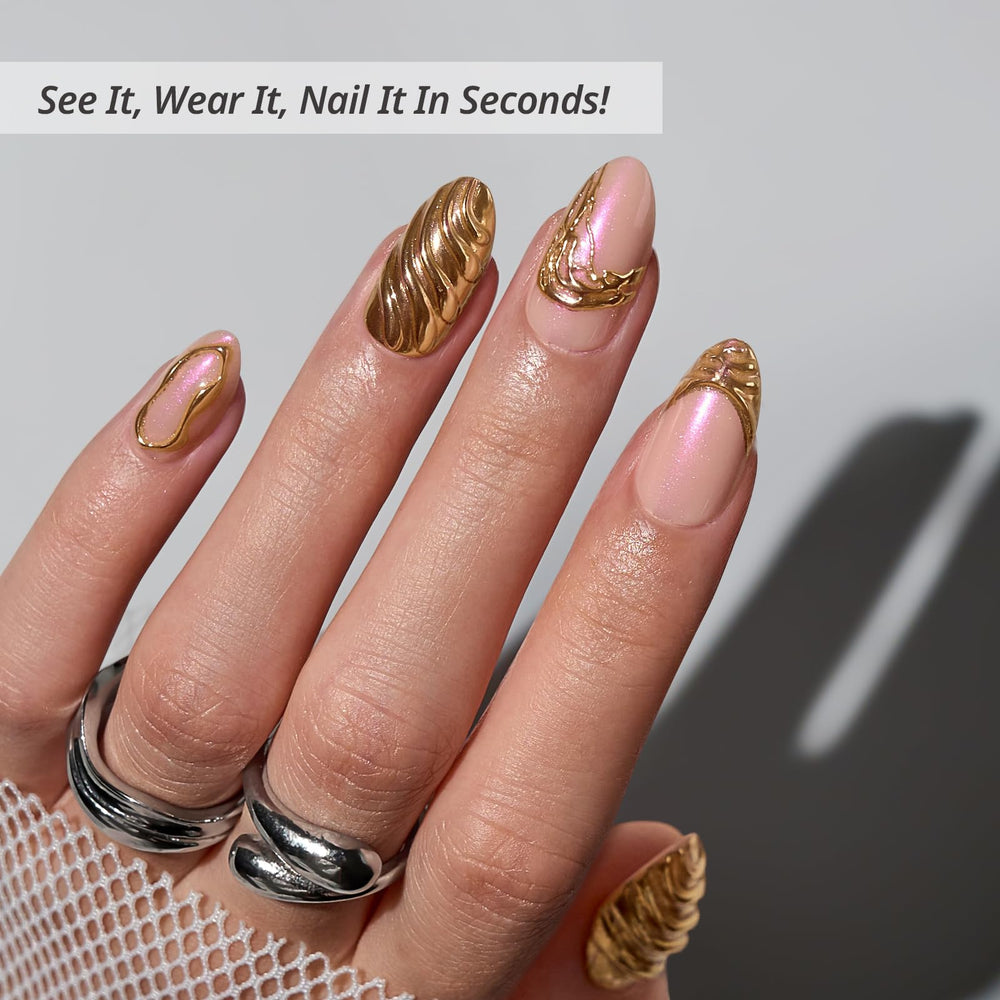BTArtbox Metalhead nails close-up showcases 3D gold sculpting and luxe detail.