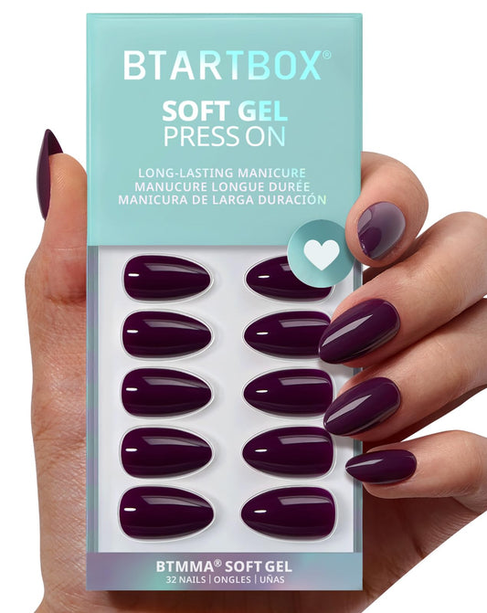 BTArtbox Poison Potion dark purple almond nails close-up showing glossy, durable finish.