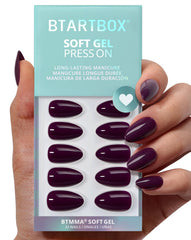 BTArtbox Poison Potion dark purple almond nails close-up showing glossy, durable finish.