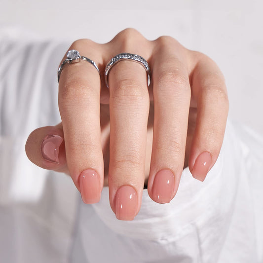 BTArtbox short nude square nails in box for easy try-on.