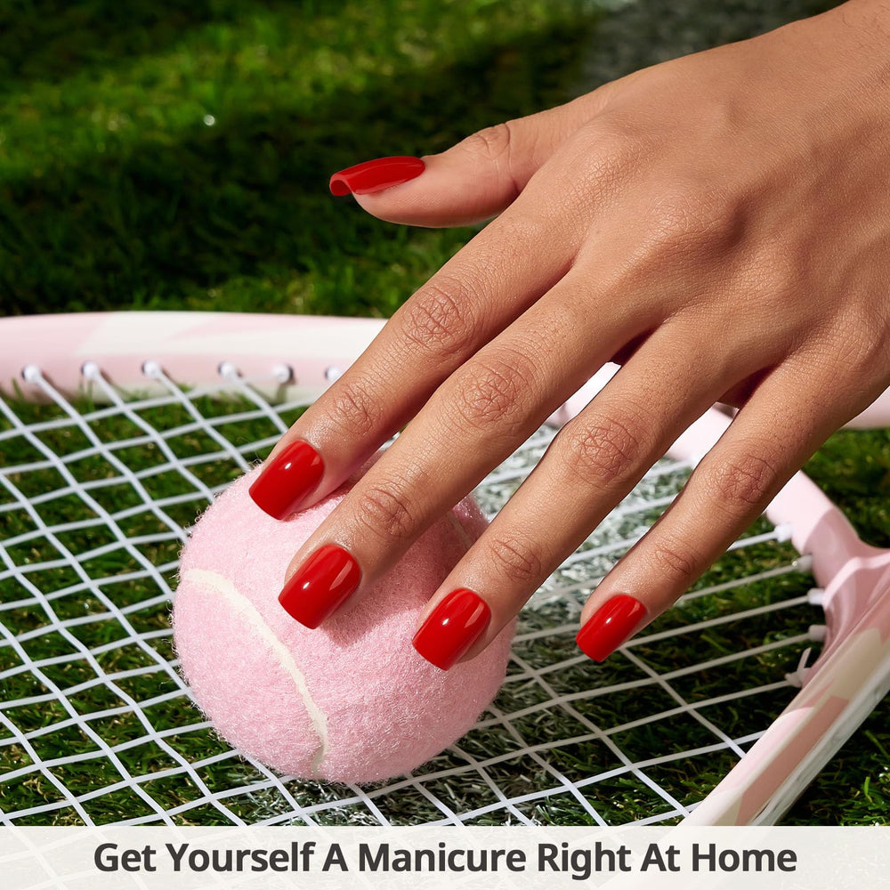 BTArtbox red square nails on hand showing natural look and comfortable fit.