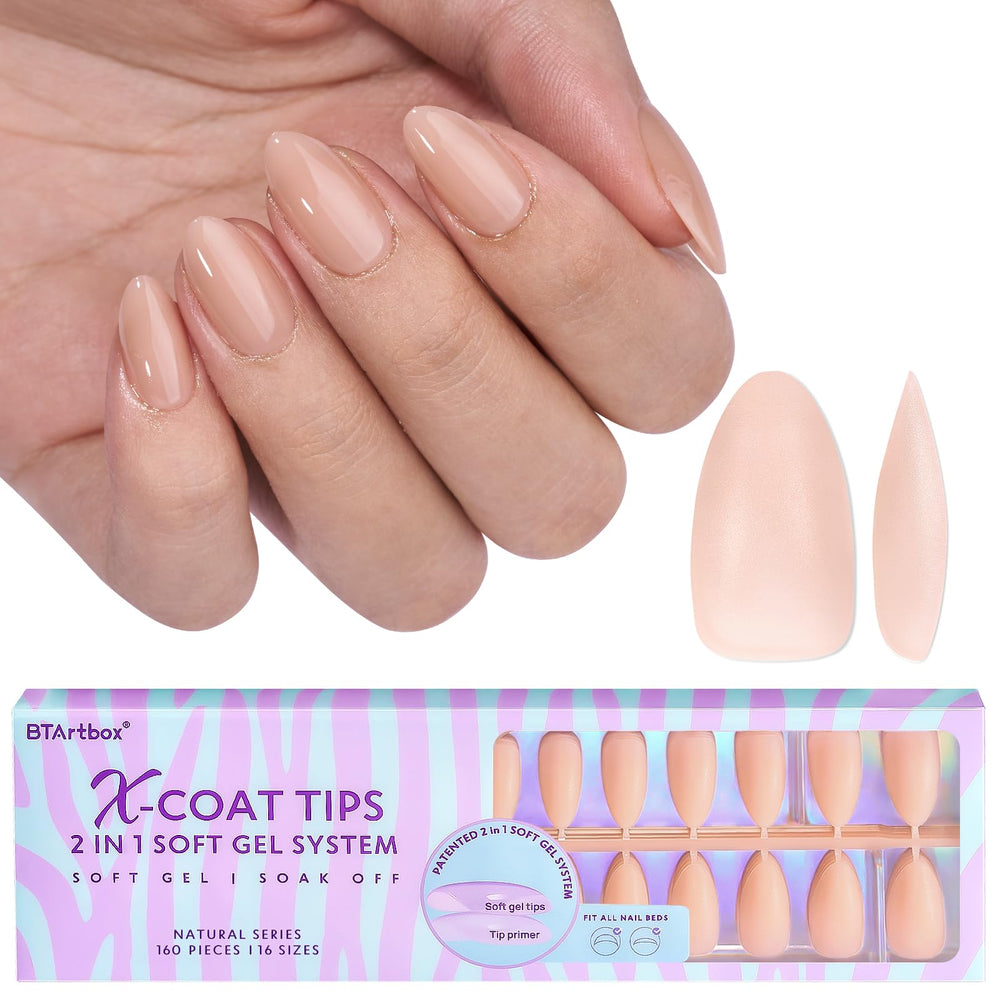 BTArtbox short almond nail tips close-up showing natural fit for daily wear.