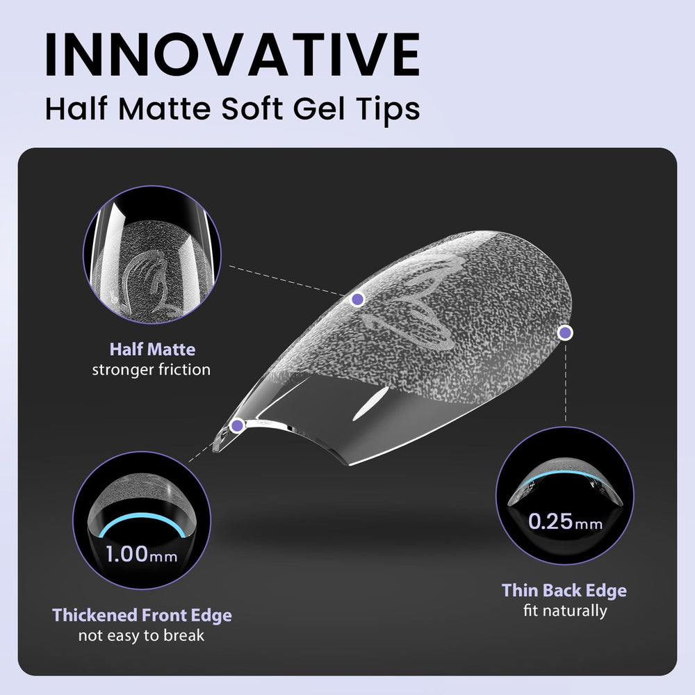 BTArtbox soft gel half-matte tips with flexible, sturdy feel for natural shaping