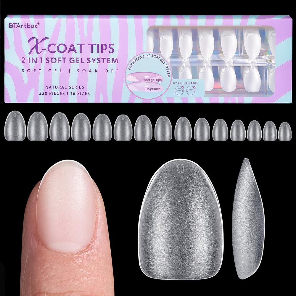 BTArtbox XCOATTIPS almond nail tips pack front, ready for natural enhancements