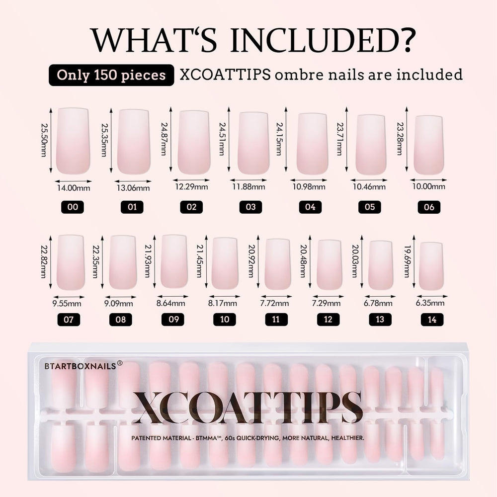 BTArtboxnails XCOATTIPS includes 150 ombre nails for quick at home gradient designs.
