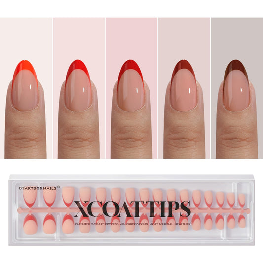 BTArtboxnails XCOATTIPS red French tip nails in almond shape for a bold Valentine manicure.