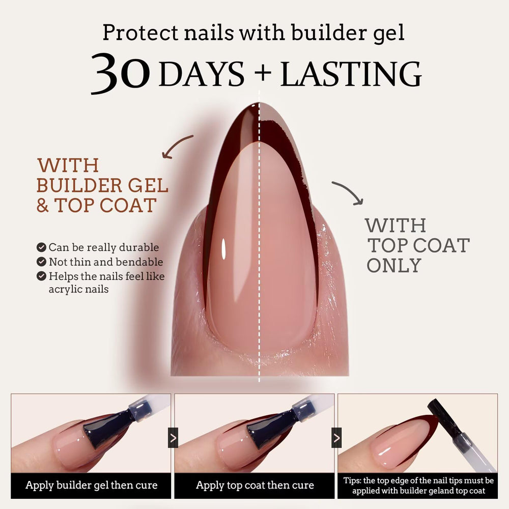 Pre-applied primer and base coat cover speeds up DIY nail extensions.