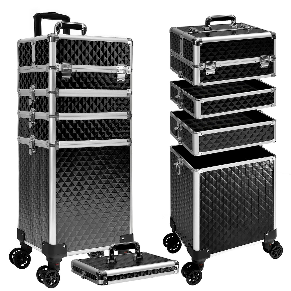 Buanson 5-in-1 rolling case top compartment for compact makeup storage on the go.