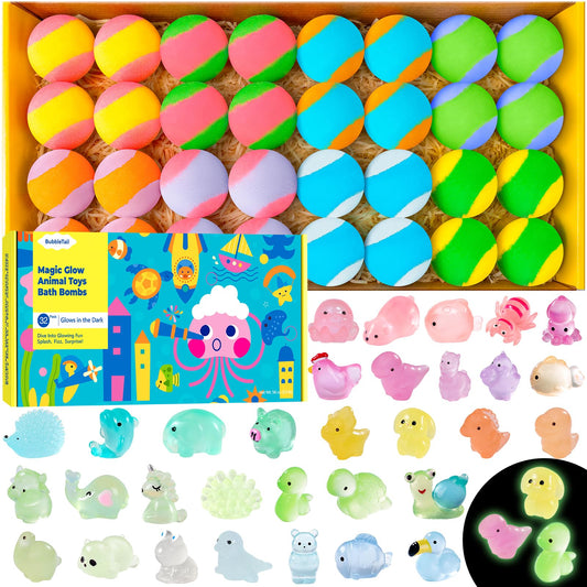 BubbleTail bath bombs reveal a surprise toy inside during bath time.