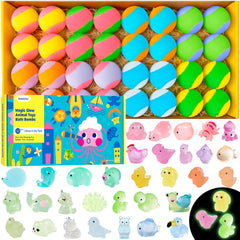 BubbleTail bath bombs reveal a surprise toy inside during bath time.