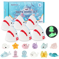 BubFroo shark bath bombs pack on display promotes colorful, fun bath time.