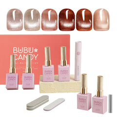 BUBU CANDY cateye nail polish set swatches showing six shimmering shades