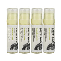 Buff Bar lip balm tin close-up highlighting creamy hydration.