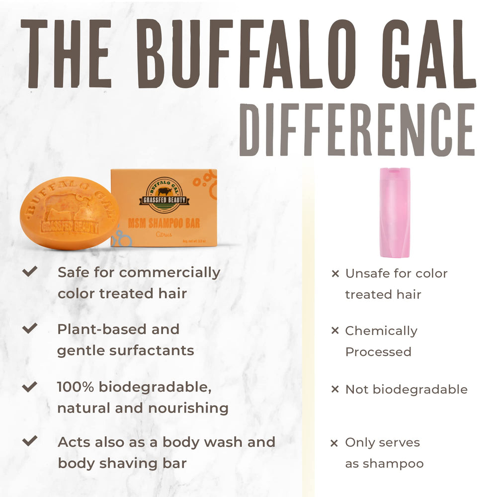 BUFFALO GAL MSM + Tallow Shampoo Bar releases natural essential oil scent.