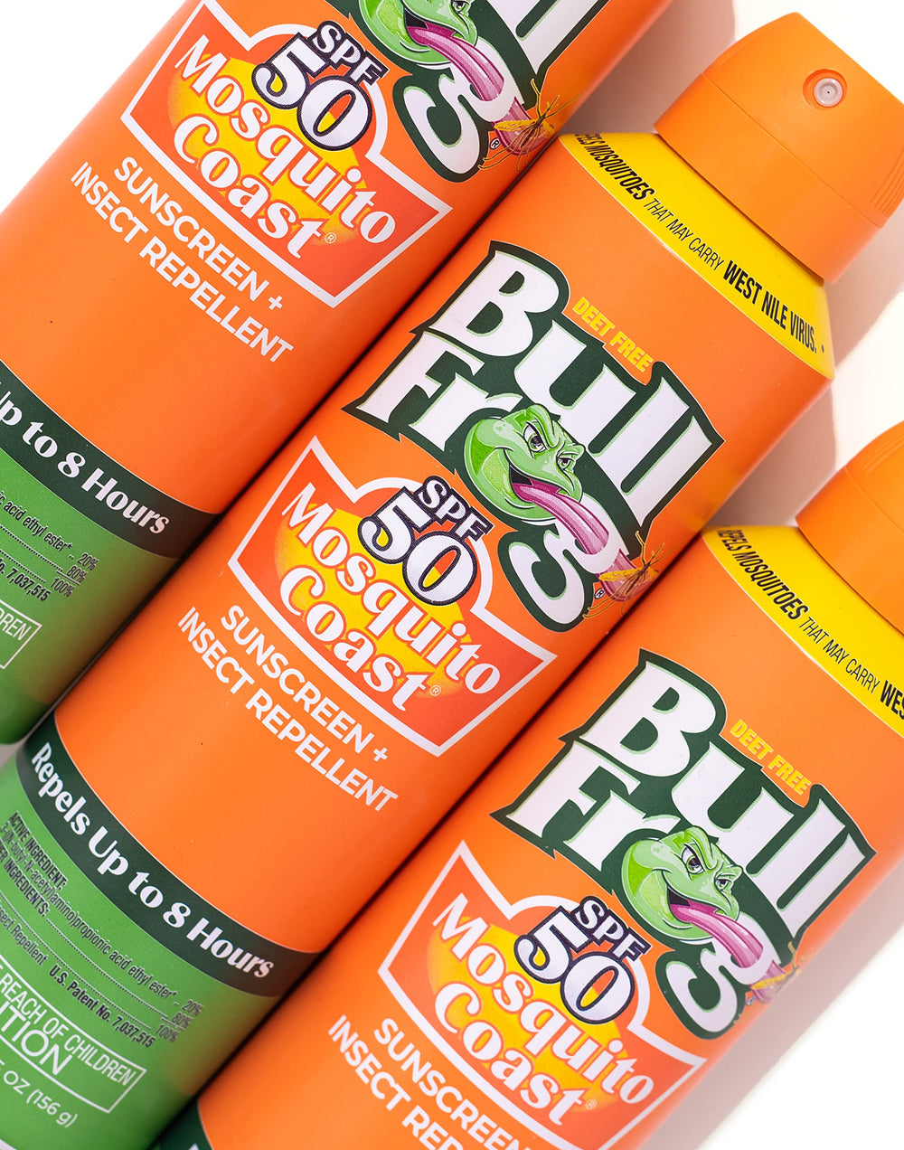 Applying Bullfrog sunscreen spray to arm during outdoor activity