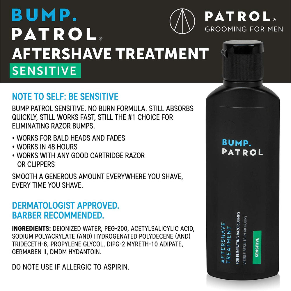 Bump Patrol Sensitive Strength bottle back highlights dermatologist-recommended gentle care for sensitive skin.