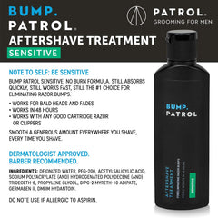 Bump Patrol Sensitive Strength bottle back highlights dermatologist-recommended gentle care for sensitive skin.