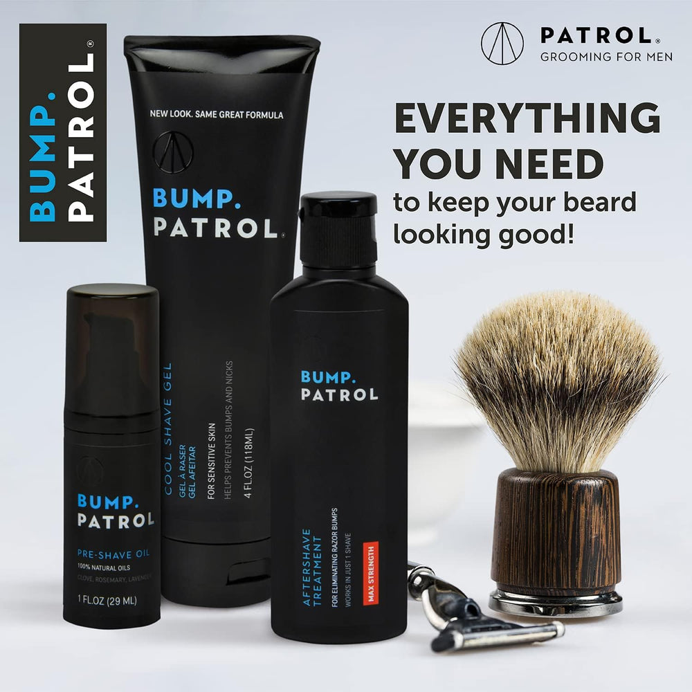 Close-up of Bump Patrol Sensitive Strength bottle focusing on a non-greasy, quick-absorb finish.