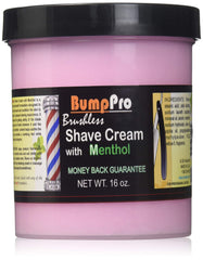 Bump Pro Brushless Shave Cream menthol bottle offers cooling, smooth shave.