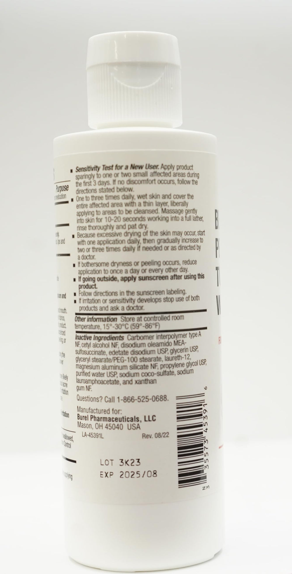 BurelPharma benzoyl peroxide face wash application routine for daily acne care.