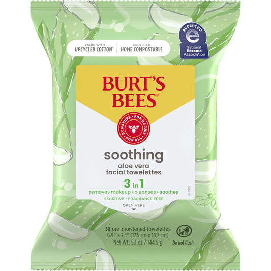 Burt's Bees Aloe Vera Face Wipes pack shown for gentle cleansing on the go