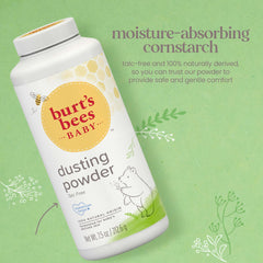 Close-up of Burt's Bees powder texture highlighting light cornstarch feel