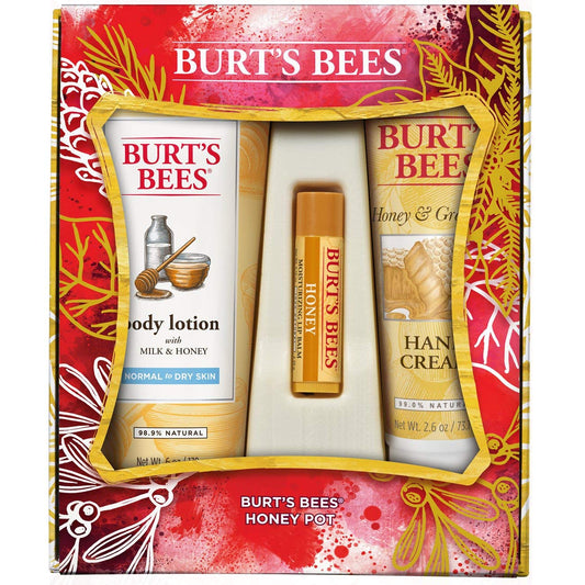 Burt's Bees Honey Pot Gift Set with Milk & Honey Body Lotion for lasting hydration.
