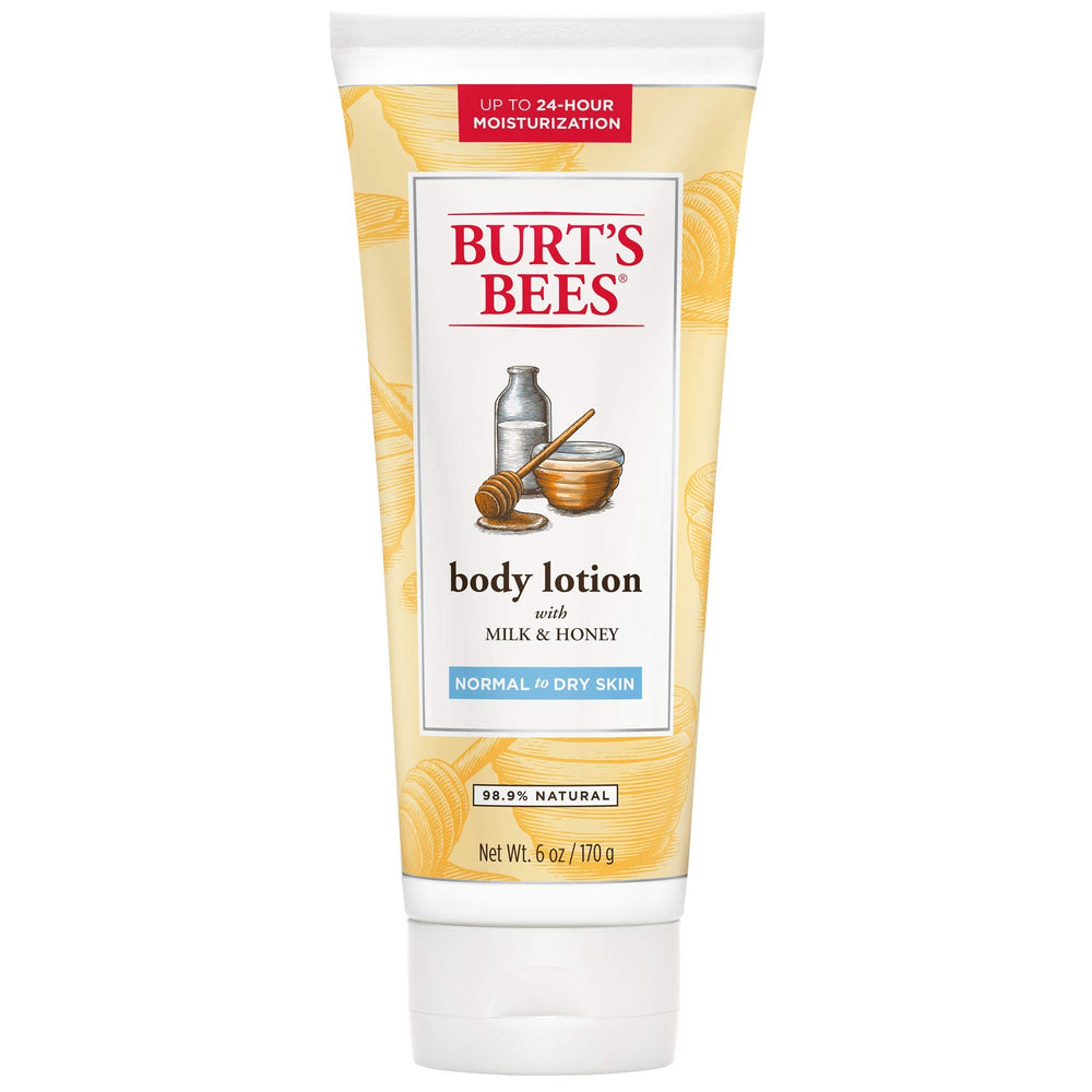 Burt's Bees Milk and Honey Body Lotion bottle for quick-absorbing hydration and soft, nourished skin.