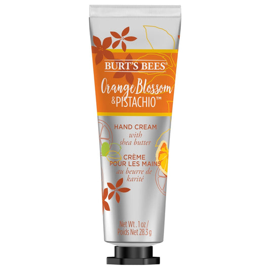 Burt's Bees orange blossom and pistachio hand cream tube for all-day moisture.